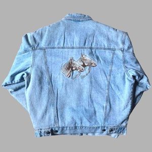 blue light wash denim bomber jacket with an embroidered twin horse design